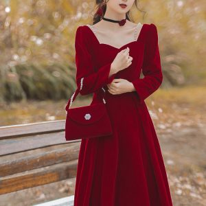 Wine Red A-Line Long Sleeve Square Neck Midi Dress for Wedding Banquet