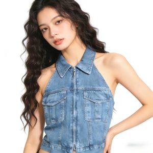 Women's American Style Denim Crop Top with Lapel and Halter Neck Backless Design