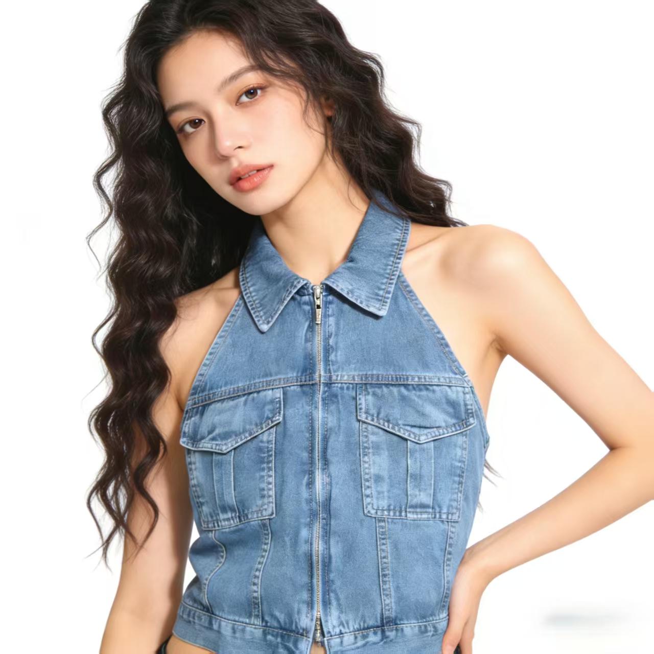 Women's American Style Denim Crop Top with Lapel and Halter Neck Backless Design