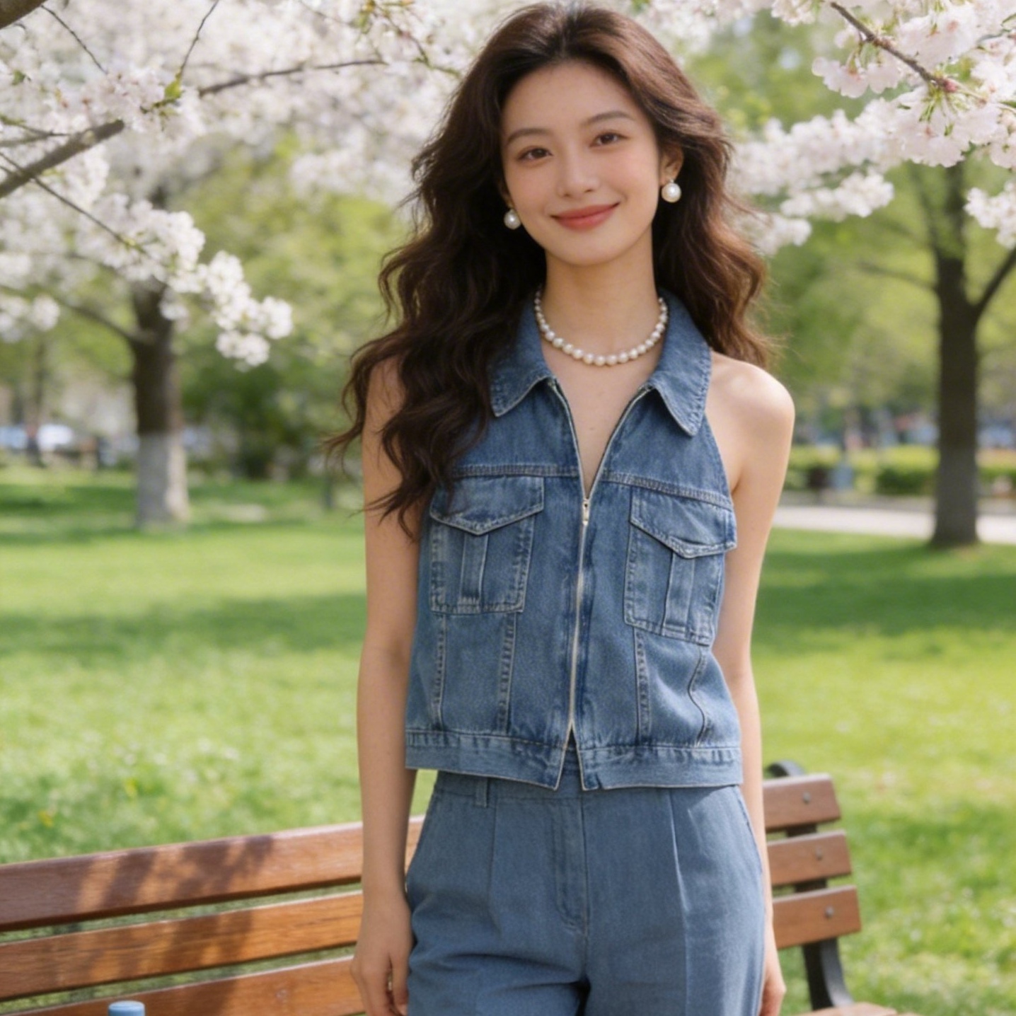Women's American Style Denim Crop Top with Lapel and Halter Neck Backless Design - Image 2