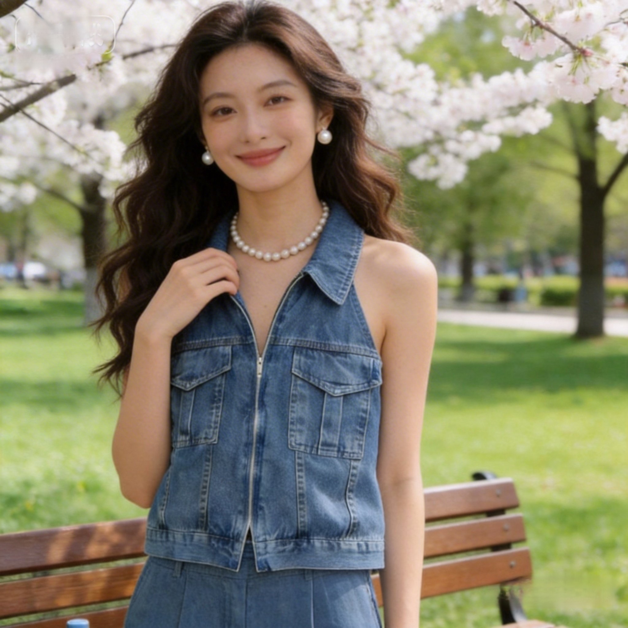 Women's American Style Denim Crop Top with Lapel and Halter Neck Backless Design - Image 3