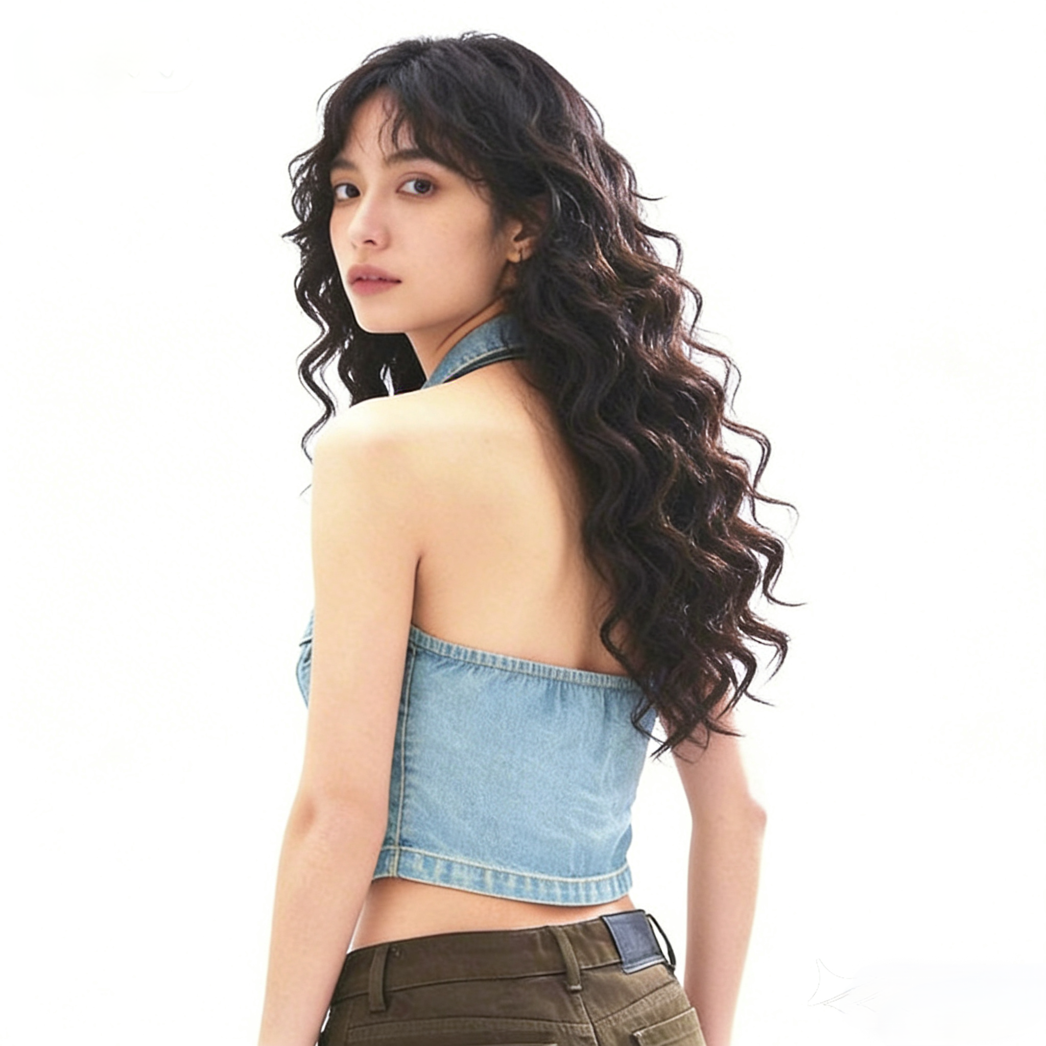 Women's American Style Denim Crop Top with Lapel and Halter Neck Backless Design - Image 5