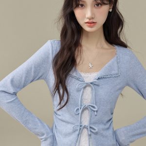 Women's Faux Two-Piece Lace Trim Tie-Front Long Sleeve Knit Top 2026 Fall Korean Style