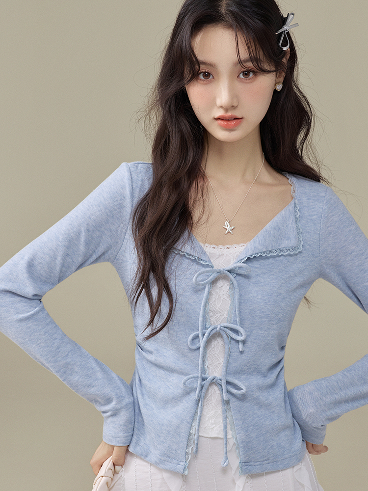 Women's Faux Two-Piece Lace Trim Tie-Front Long Sleeve Knit Top 2026 Fall Korean Style