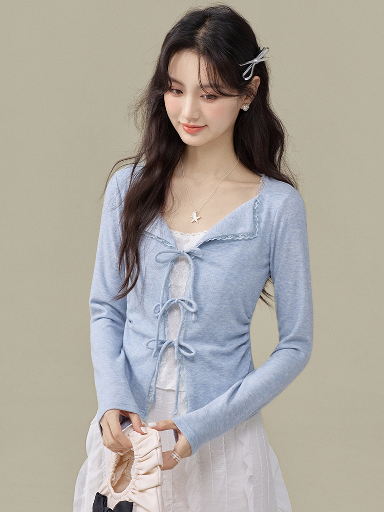 Women's Faux Two-Piece Lace Trim Tie-Front Long Sleeve Knit Top 2026 Fall Korean Style - Image 2