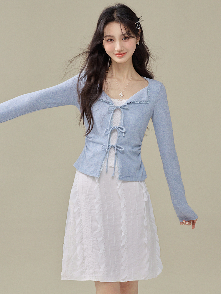 Women's Faux Two-Piece Lace Trim Tie-Front Long Sleeve Knit Top 2026 Fall Korean Style - Image 3
