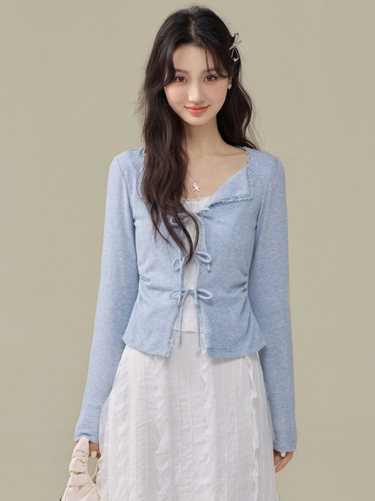 Women's Faux Two-Piece Lace Trim Tie-Front Long Sleeve Knit Top 2026 Fall Korean Style - Image 4