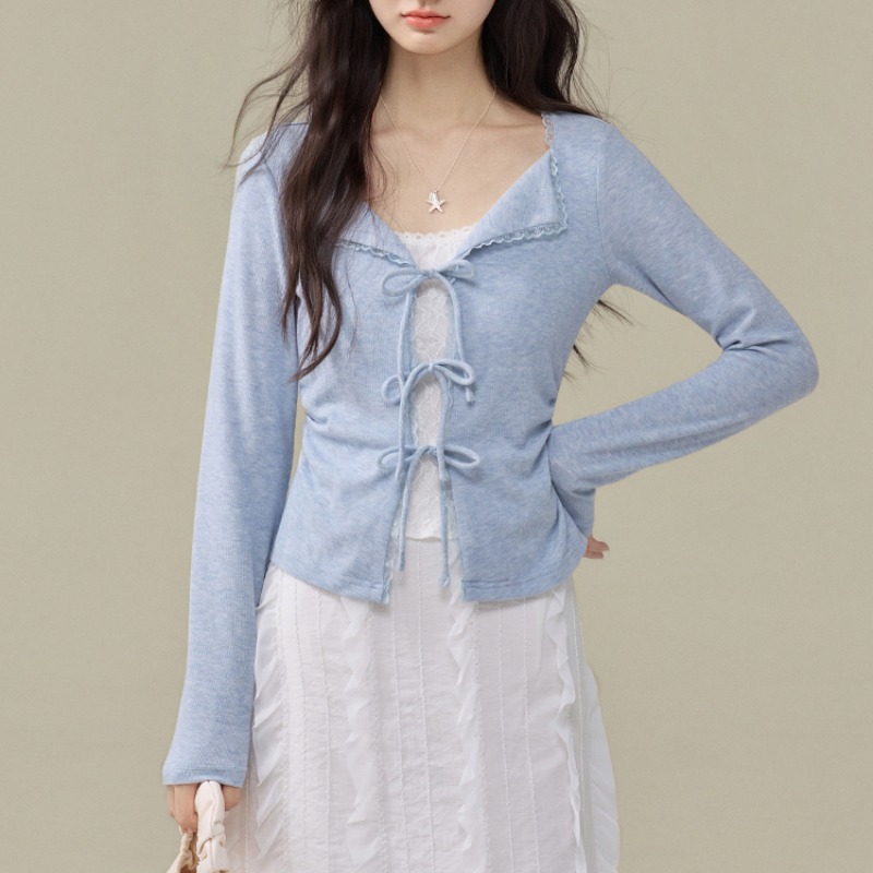 Women's Faux Two-Piece Lace Trim Tie-Front Long Sleeve Knit Top 2026 Fall Korean Style - Image 5