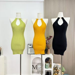 Women's Knitted Halter Dress 2026 Summer Sexy Cutout Bodycon Waist-Fitted Dress