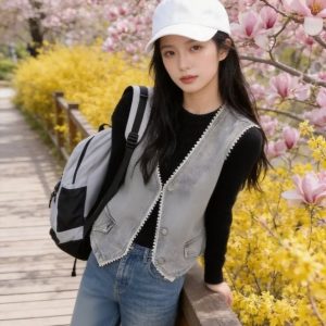 Women's Pearl Trim V-Neck Denim Vest Spring Outerwear