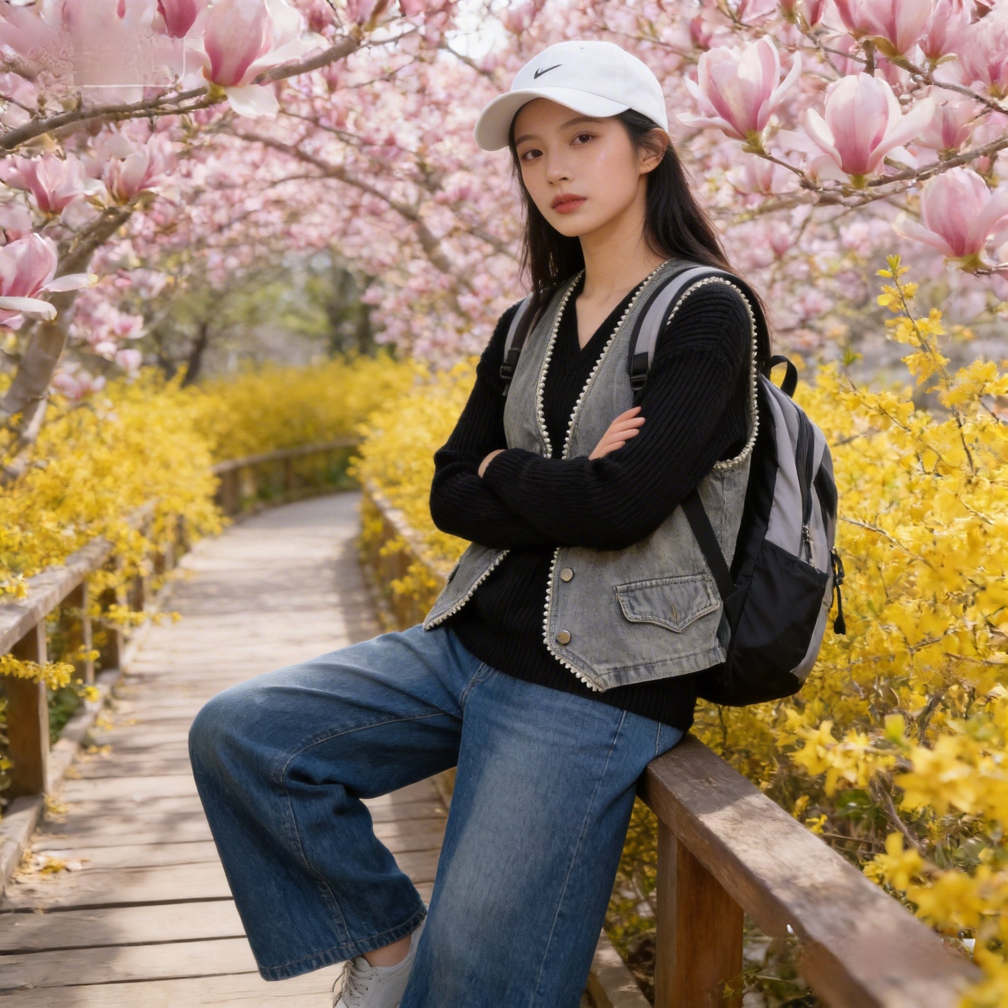 Women's Pearl Trim V-Neck Denim Vest Spring Outerwear - Image 2