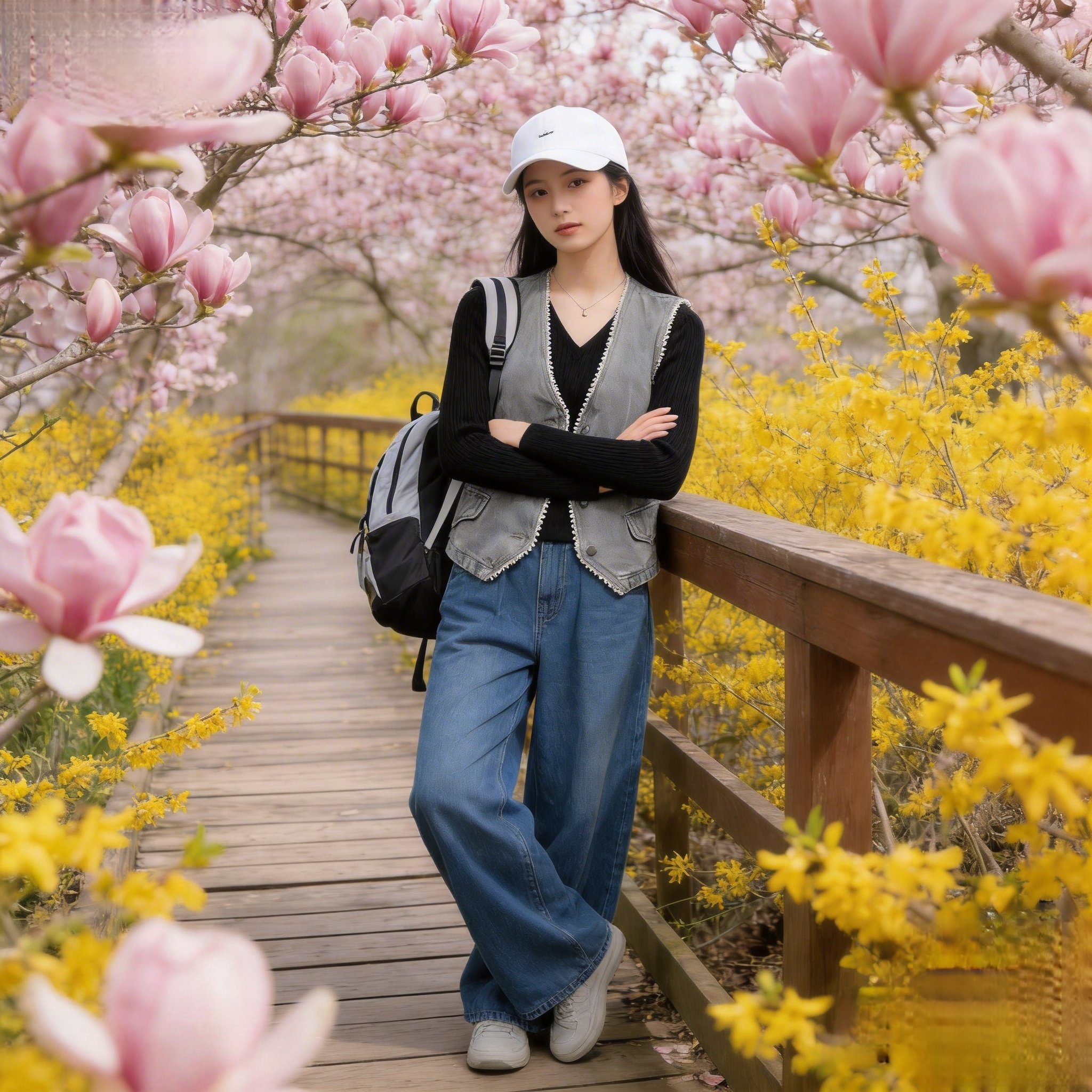 Women's Pearl Trim V-Neck Denim Vest Spring Outerwear - Image 3