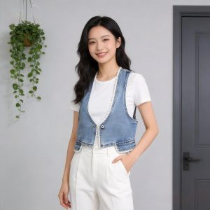 Women's Pearl Trim V-Neck Short Denim Vest