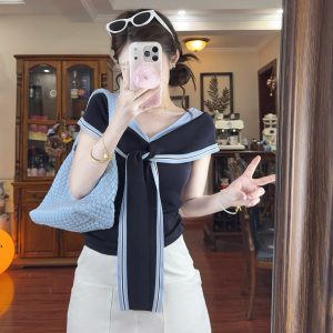 Women's Sleeveless Sailor Collar Knit Top Summer French Style Slim Fit White
