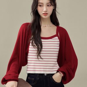 Women's Two-Piece Striped Knit Cardigan Long Sleeve Short French Red Outerwear
